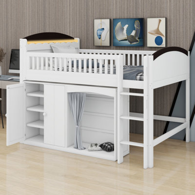 Lit mezzanine pour enfants et adolescents avec armoire de rangement, garde-robe et lumières DEL