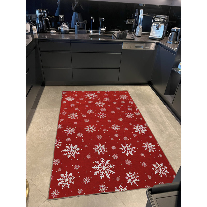 Tapis décoratif rouge à motif de flocons de neige rouge, Rectangle 4 pi 11,06 po x 9 pi 10,11 po