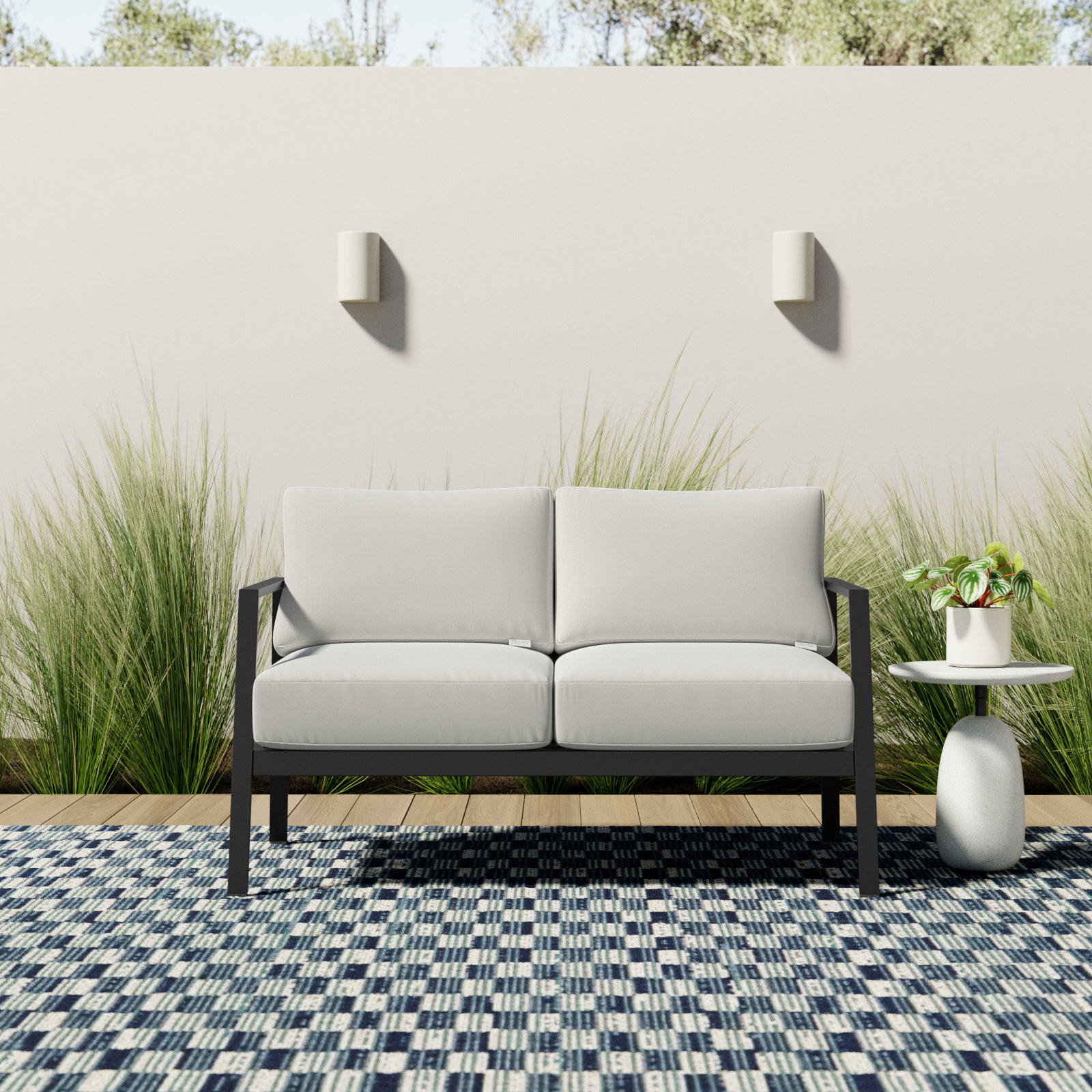 Armando 51" Sunbrella® Patio Loveseat, White Sunbrella®, Black