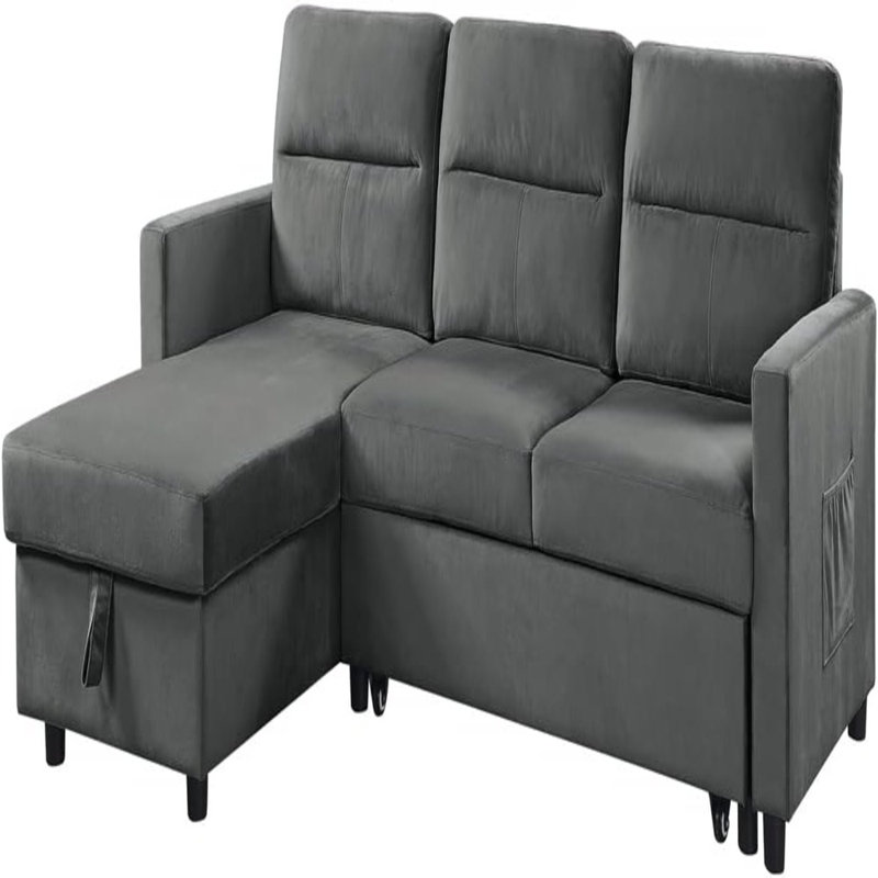 Phenex Seaside Style Reversible Sleeper Sectional Sofa, Gray Velvet