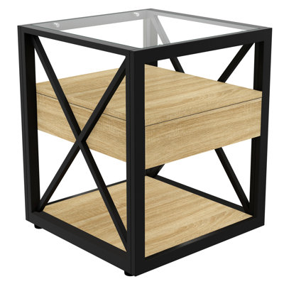 Nightstand For Bedroom & Living Room: Modern End Table With Drawer, Natural Wood , Tempered Glass, Smart Tiered Storage And Build Standard Side In Industrial Style - Stable X Frame Functional Setup