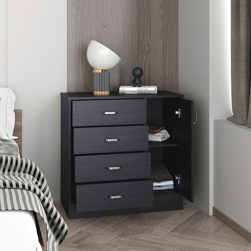 Commode de chambre moderne à quatre tiroirs, une porte avec rangement spacieux, Noir mat