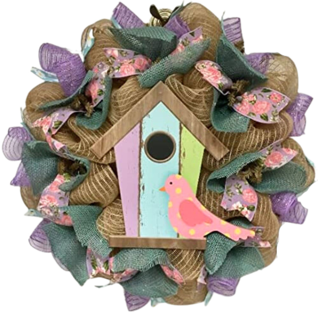 Spring Welcome Wreath with Pastel Birdhouse One Allium Way®