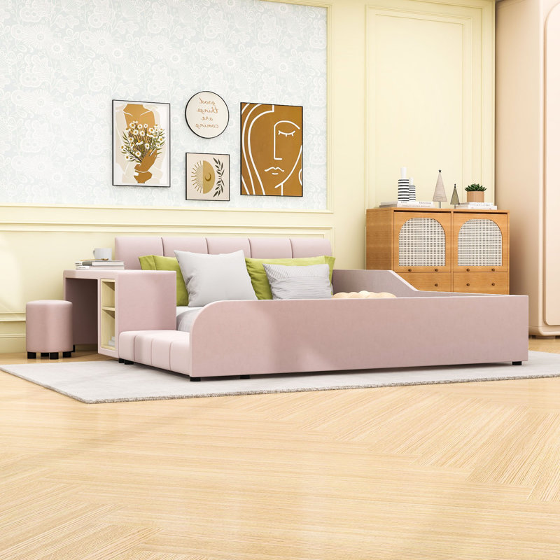 Lit plateforme tapissier en velours avec tablettes et tête de lit intégrées, Grand lit, Rose
