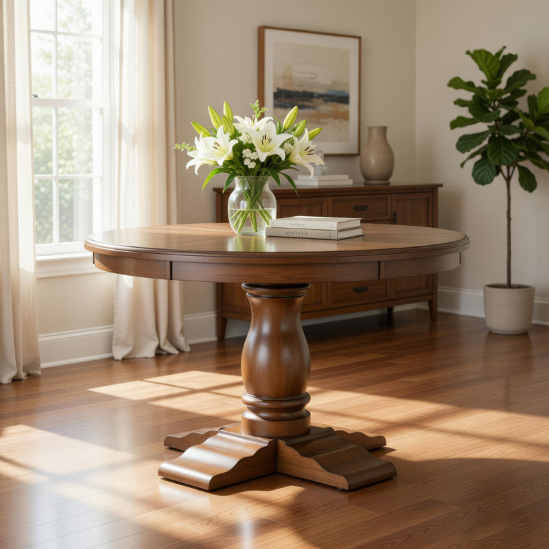 Table de salle à manger Dinie, base tournée classique, bois de châtaignier brun, 48 po