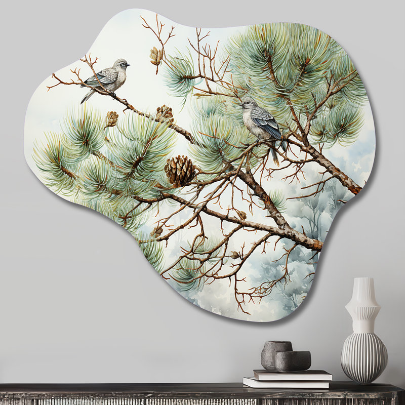 Oiseau sur pin I - pin, art mural asymétrique en métal, nuage vert, impression sur métal, H 25 po x l 28 po x P 1 po