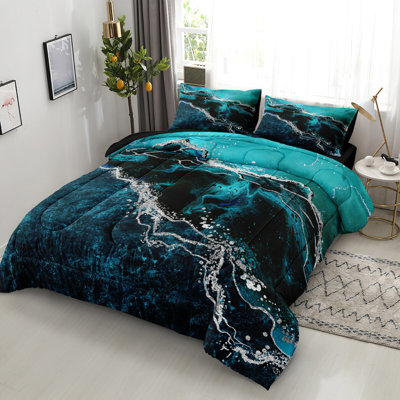 Black Marble Comforter Queen Turquoise Blue Bedding Set 3 Pcs Marble Stone Natural Theme Artwork Abstract Bedding Soft Cozy Black Comforter Set
