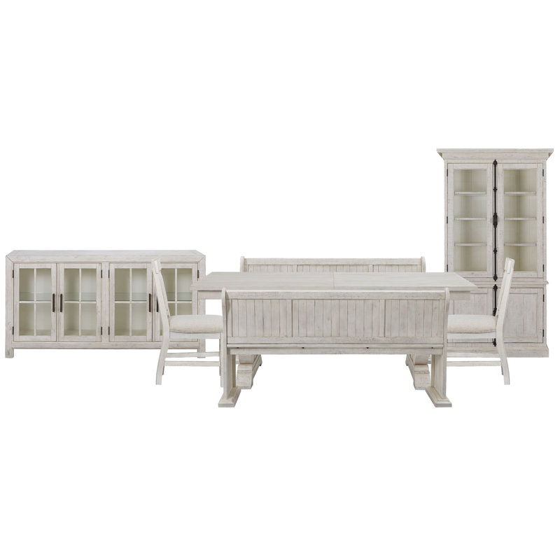 Extendable Rectangular Dining Table With 2 Benches 2 Upholstered Side Chairs Buffet And Dining Cabinet