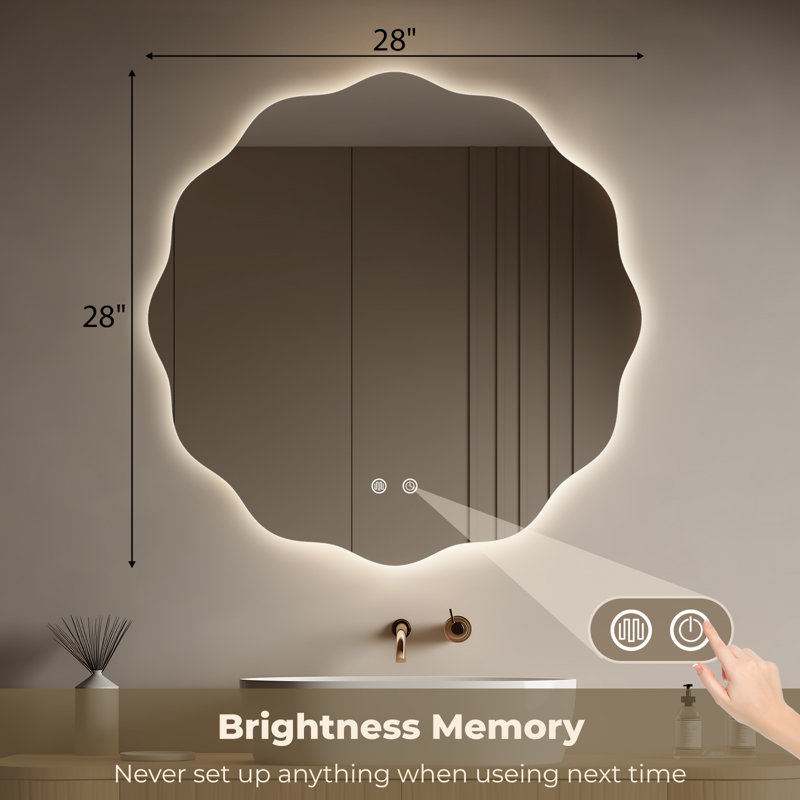 LED Bathroom Round Mirror with Light – Anti-Fog and Adjustable Color Lighting, 28" H x 28" W x 1" D