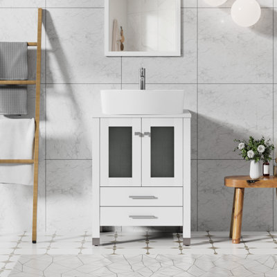 Kas 24 Single Bathroom Vanity with Wood Top, Vessel Sink, Zinc Alloy Faucet, Solid Wood Legs