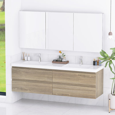 Meuble-lavabo mural moderne 72 po avec double évier intégré à surface solide et 4 tiroirs