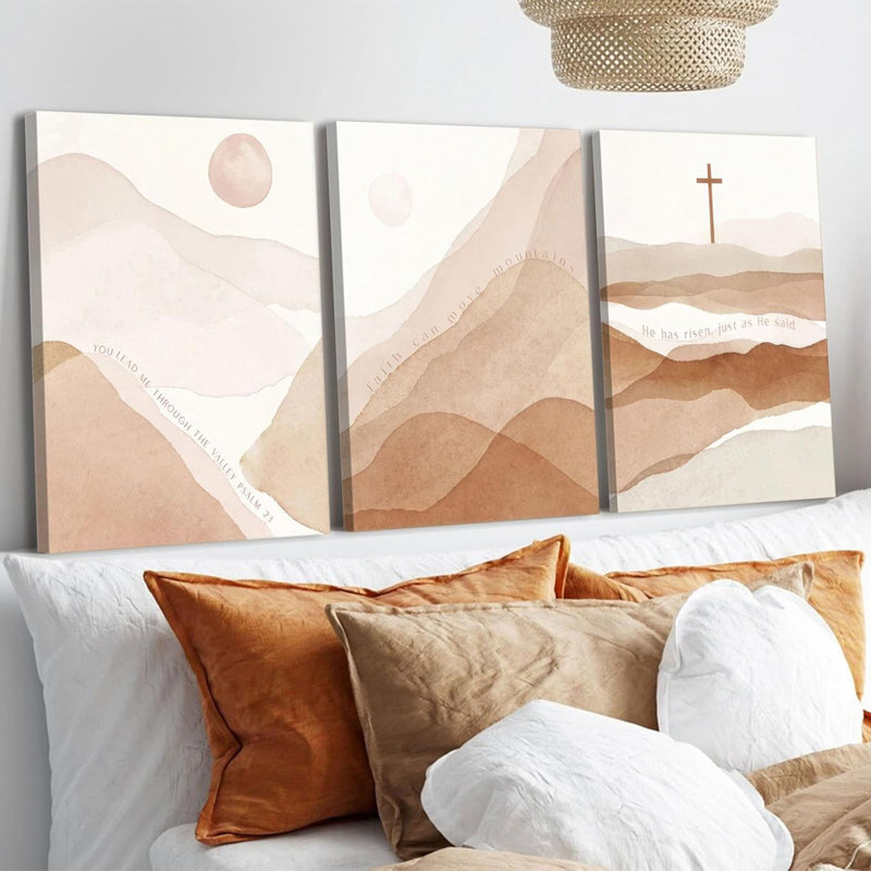 3Pcs Framed Christian Boho Wall Art for Living Room Mid-Century Modern Nordic Print Neutral Scripture Canvas Poster Abstract Sun Mountain Bible Verses Picture Painting Wall Decor for Bedroom 16x24in