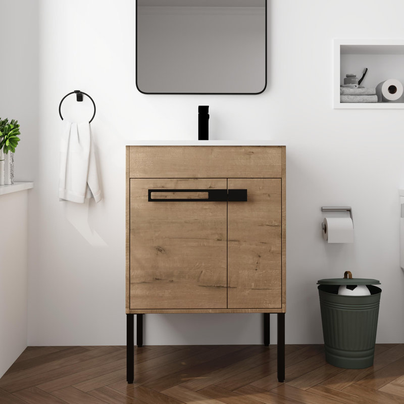 24'' Dual Mounted Bathroom Vanity Set, Single Bathroom Vanity with Ceramic Basin Sink Top, 2 Doors and 1 Adjustable Shelf