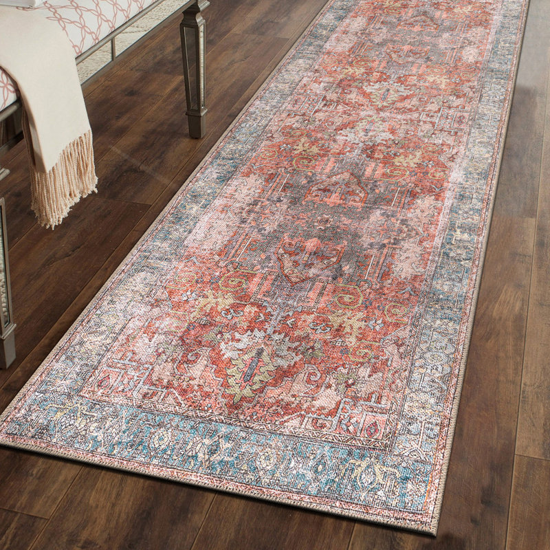 Labarbera Oriental Machine Washable Red/Blue Non-Slip Backing Area Rug, Runner 2'6" x 6'