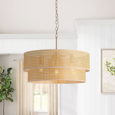 3-Light Boho Tiered Drum Pendant Light with Natural Woven-Look Fabric Shade