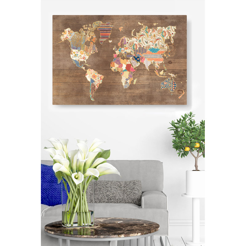 map Patterned World Map On Wood Texture, On Brown, Red, Gold, Gilded, Orange, Continents, 16" H x 24" W x 1.5" D
