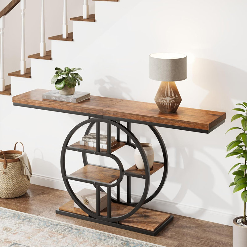 Console de 55 po avec 5 niveaux de rangement - table d'entrée robuste, Bois brun