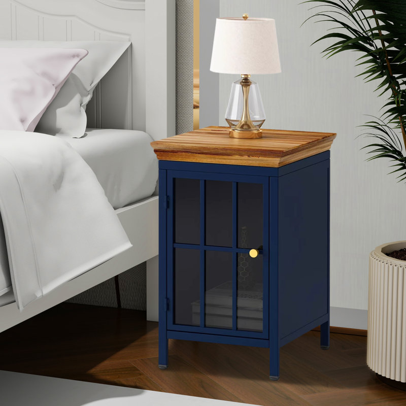 Table de chevet avec rangement et plateau de table en bois massif, Bleu