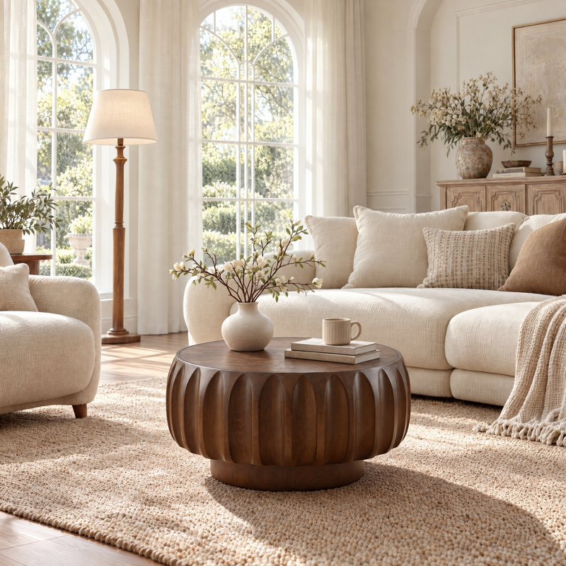 Khadim 30.7" Drum Coffee Table, Modern Unique Fluted Contemporary Wood Round Coffee Table with Fluted Center Table Design for Living Room, Walnut