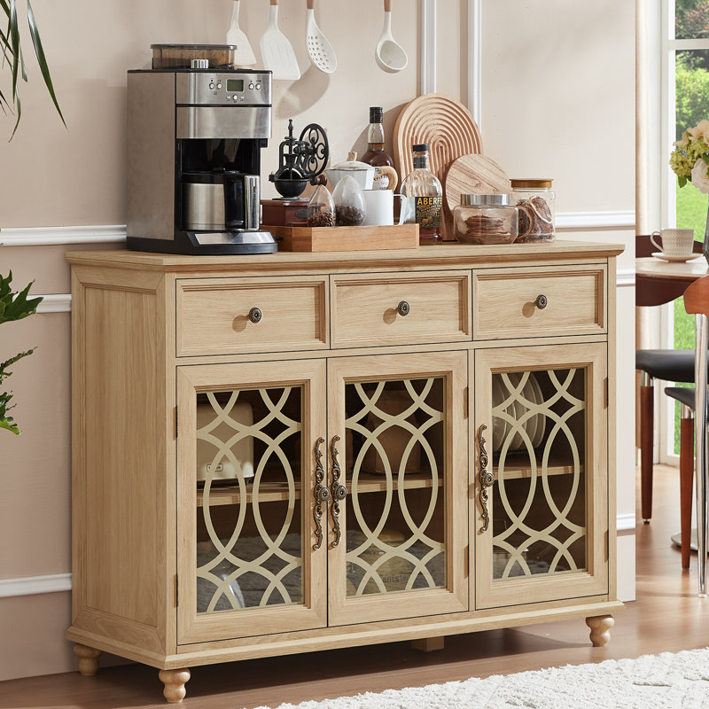 Sideboard Buffet Cabinet With Storage,48" Credenza With 3 Glass Doors & 3 Drawers,Adjustable Shelves Coffee Bar,Wood Kitchen Console Table For Dining Room,Living Room