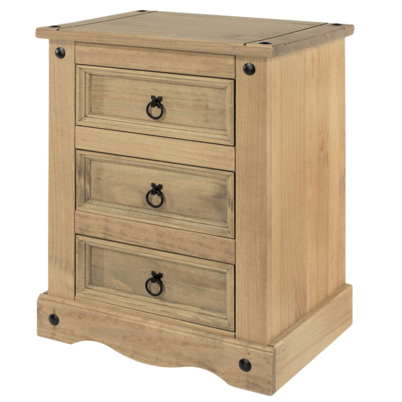Mauldin 3 Drawer Bedside Table, Solid Pine Corona design, Brown