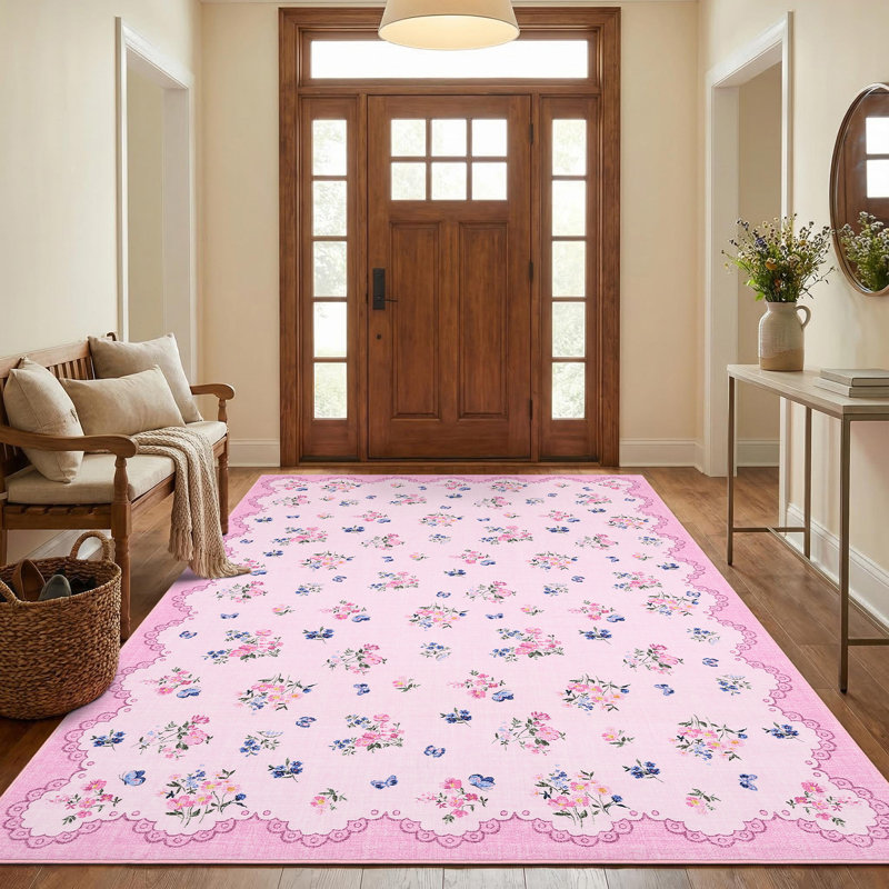 Floral Machine Washable Rug with Rubber Backing Foldable Printed Non Slip Carpet, Soft Easy Care Home Decor Floor Cover for Living Room Bedroom