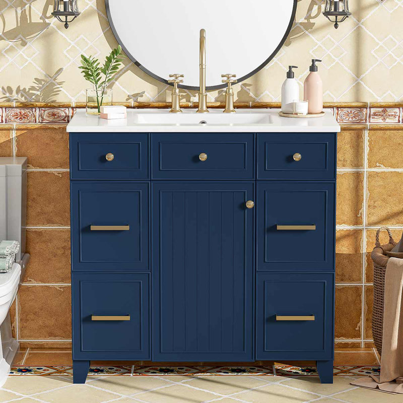 36'' Free-Standing Bathroom Vanity With Ceramic Sink, Cabinet With One Doors And 3 Drawers, Dark Blue