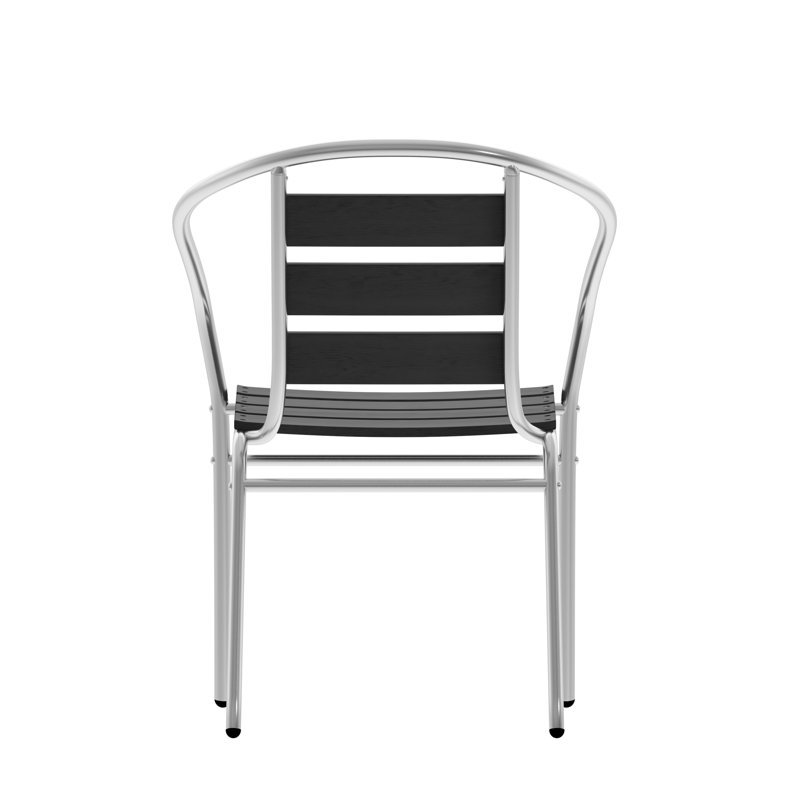 Chaises de patio empilables modernes en aluminium à dossier à lattes Chrisoula, Silver Frame/ Black Slats