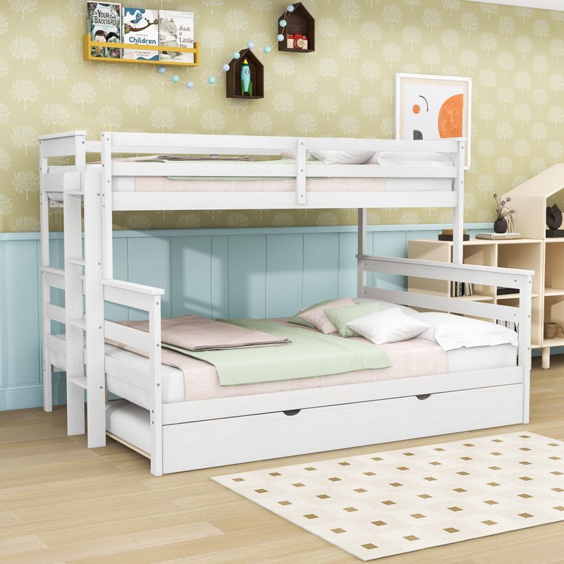 Twin XL over Queen Wooden Bunk Bed with Trundle and Guardrails, White