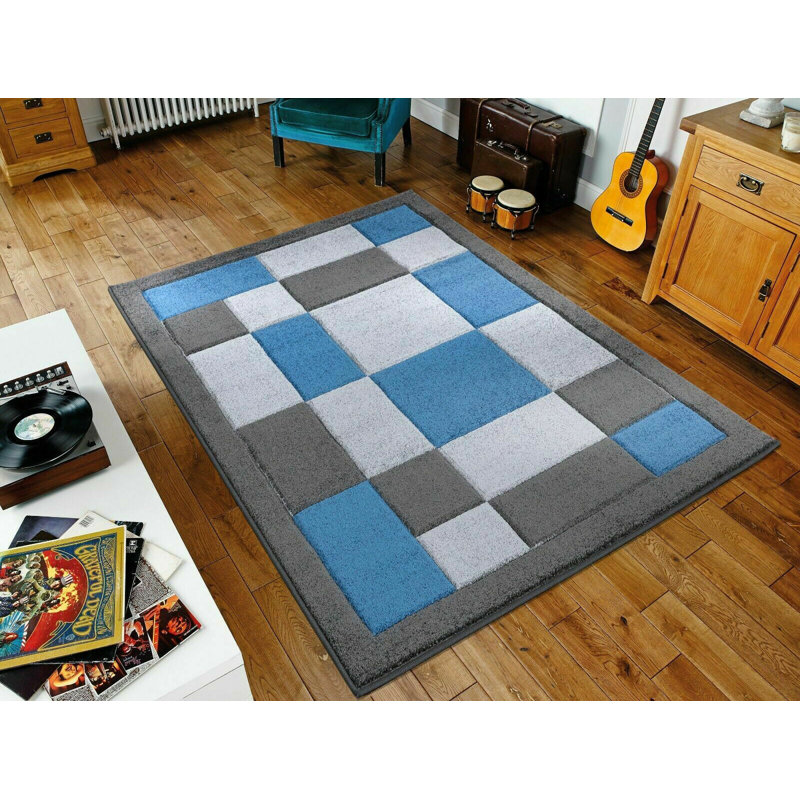 Havana Geometric Dark Grey Blue Large Rugs – Modern Living Room Carpet, Bedroom & Hallway Runner | Soft, Non-Shedding, Stain Resistant Floor Mat