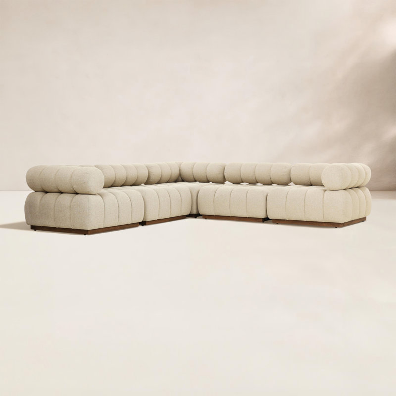 Roma Outdoor 5Pc Sectional-Hayes Cream, Hayes Cream Cushion/Stained Saddle Brown Frame