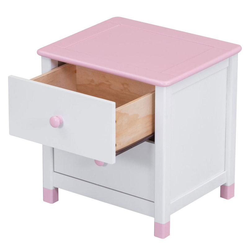 Wooden Nightstand With Two Drawers For Kids, End Table For Bedroom, Pink/White