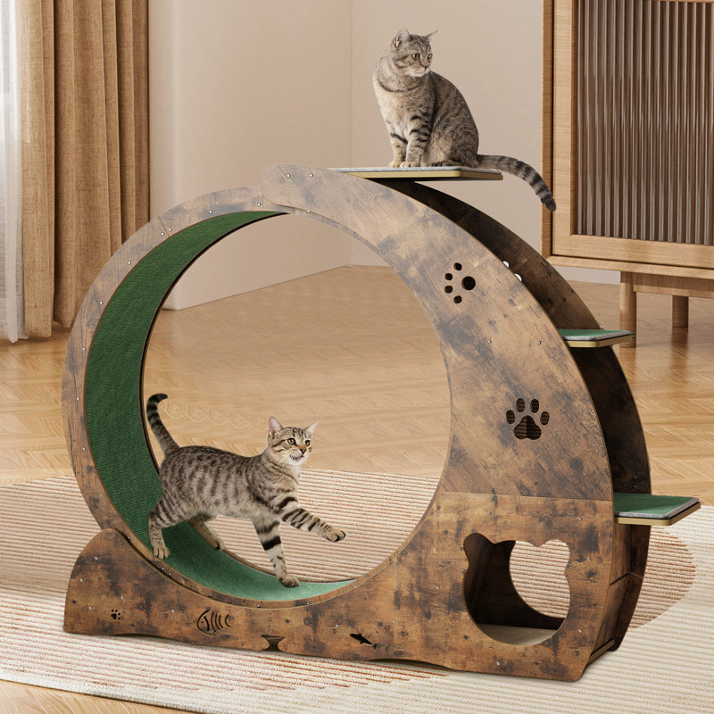 4-in-1 Indoor Cat Exercise Wheel, Quiet Large Running Wheel with Scratching Pad and Play Roller for Active Cats, Retro Brown
