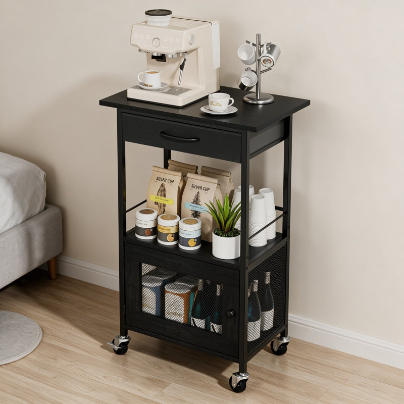 Buffet armoire de bar - support de cuisine à roulettes, petit support à café avec tiroir de rangement et armoire de porte - support de micro-ondes pour appartement, salon, entrée