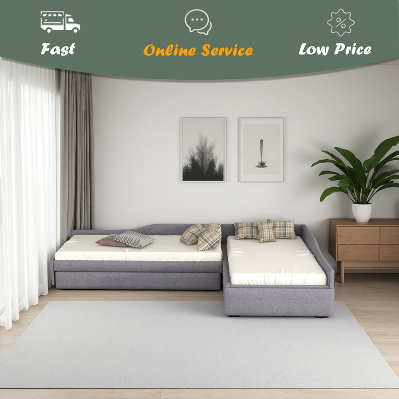 Upholstered Double Twin Size Daybed With Trundle And Drawer, Gray