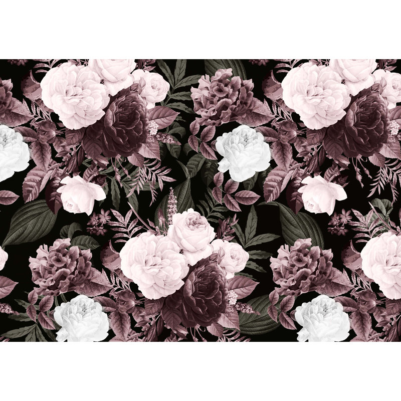 Papier peint amovible floral rose, blanc, rouge et roses sur fond foncé, L 9 po x l 15 po
