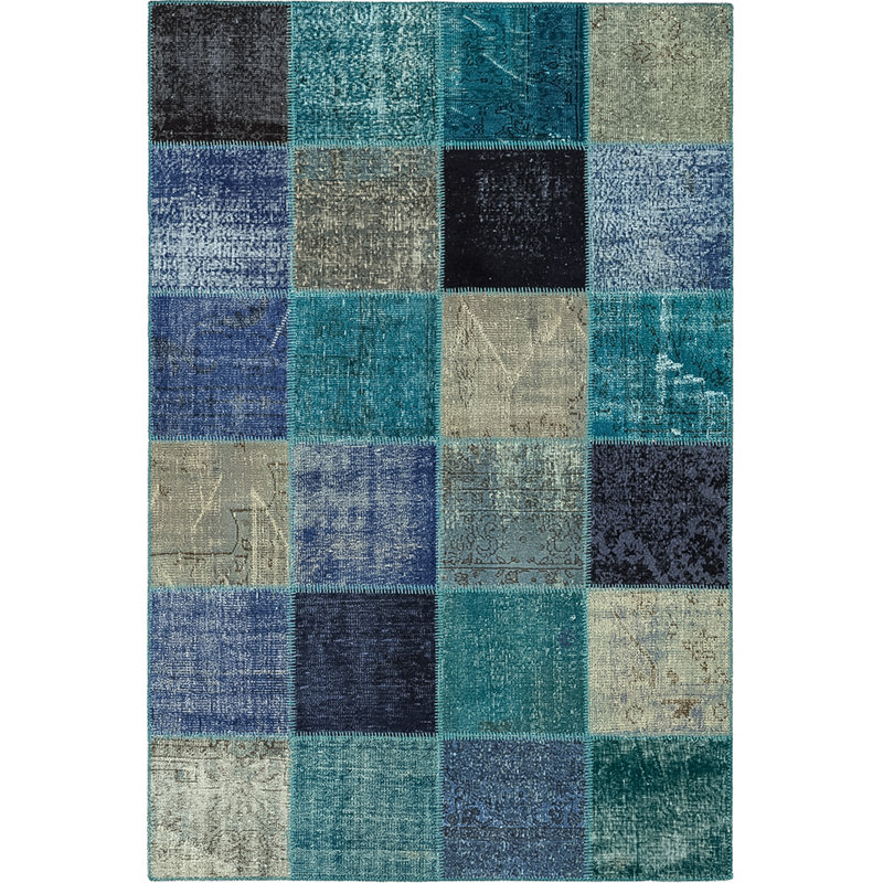 Tapis bleu en laine / coton noué à la main