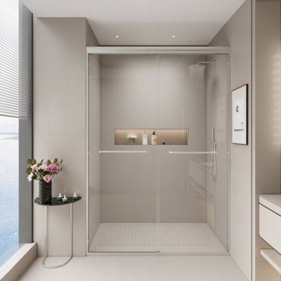 44-48" W X 72" H Double Sliding Shower Door, Semi-Frameless Bathroom Sliding Door With 1/4" (6Mm) Tempered Glass For Walk-In Shower