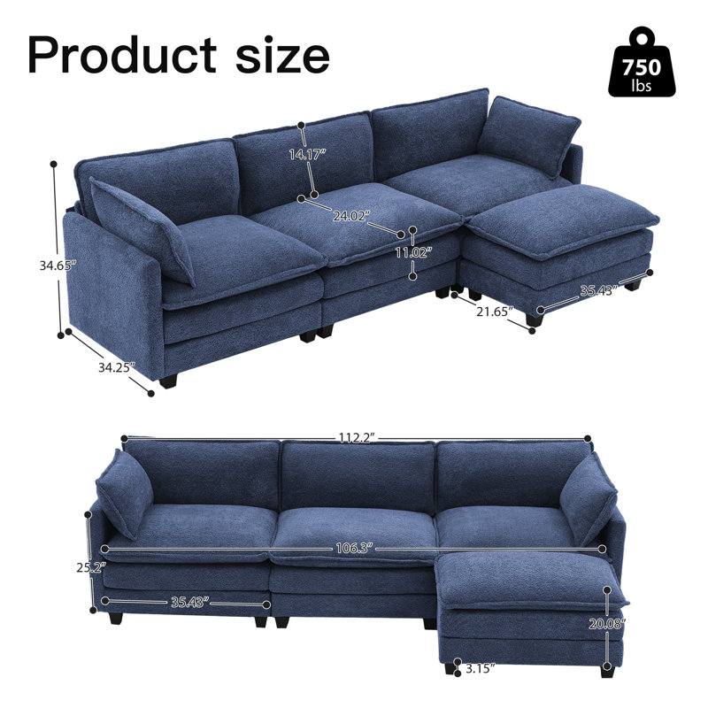 Canapé modulaire en L avec accoudoirs Redenius, Bouclé bleu marine