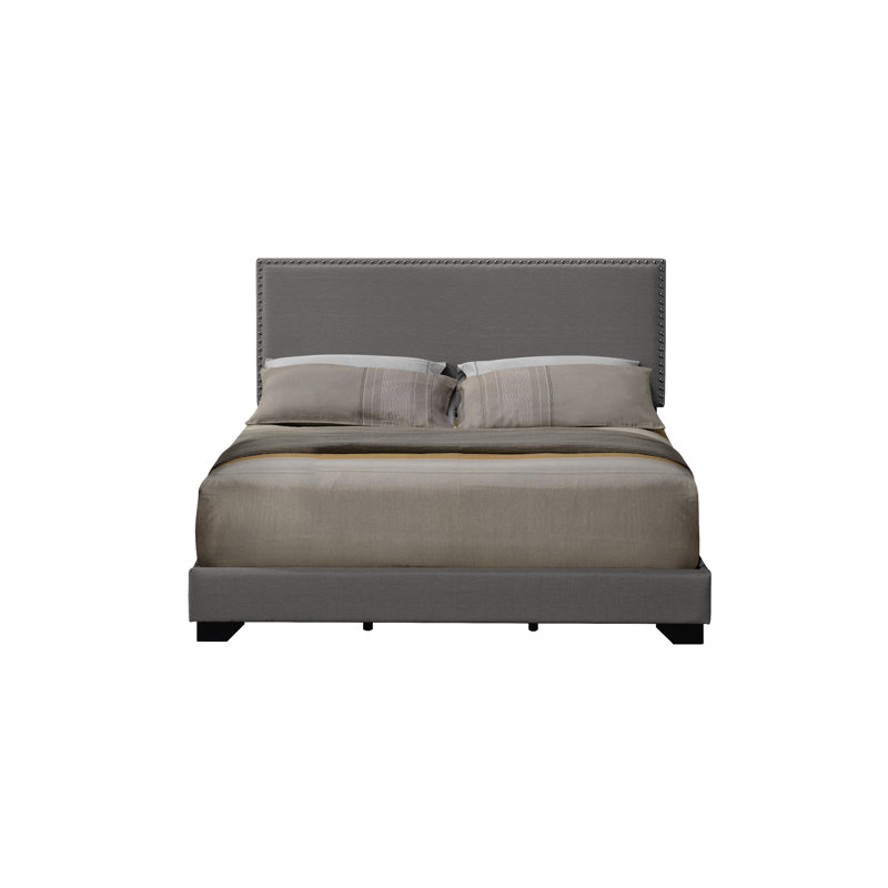 Grand lit en tissu gris avec garniture cloutée, entièrement rembourré, pieds en bois, sommier tapissier à 4 lattes, capacité de poids de 660 lb, plancher de 6 po, profondeur de 84,89 po, largeur de 64,21 po, hauteur de 43,32 po