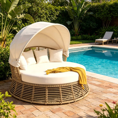Round Beige Wicker Daybed, Retractable Canopy Outdoor Rattan Sunbed, Weatherproof Patio Sofa with Detachable Cushion for Pool Backyard Porch