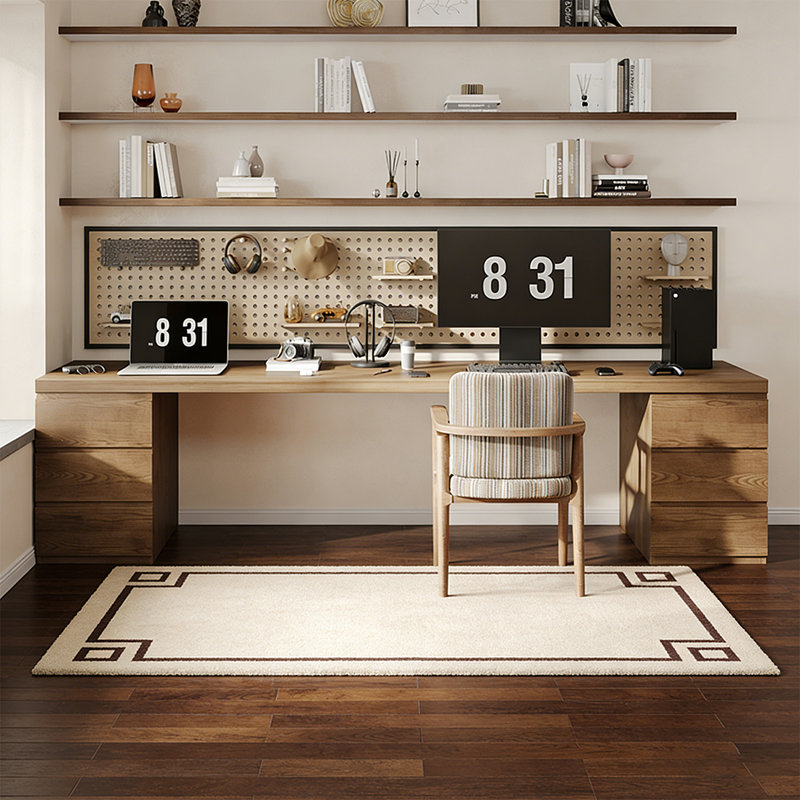 Bureau en bois massif avec bibliothèque et bibliothèque, H 29,53 po x l 70,87 po x P 23,62 po
