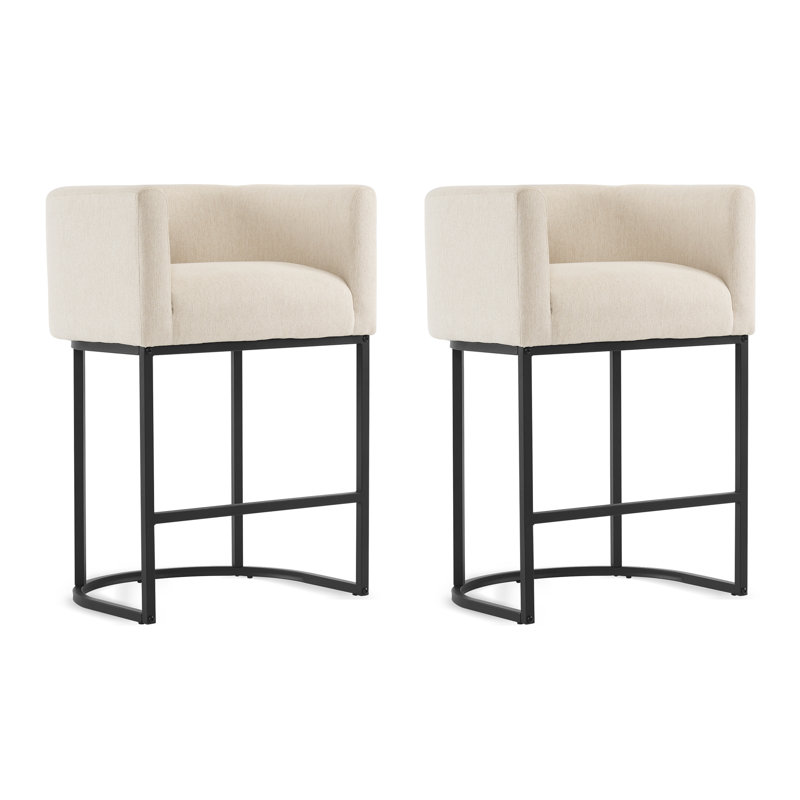 Ensemble de 2 tabourets de bar à hauteur de comptoir de 27 po, tabourets de bar moderne avec dossier et accoudoirs, cadres en métal, tabourets d'appoint rembourrés en tissu de lin pour îlot de cuisine