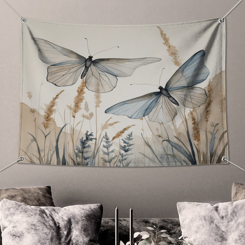 Tapisserie murale «Papillons dans la nature» - Décoration murale papillons, H 104 po x 88 avec 4 œillets