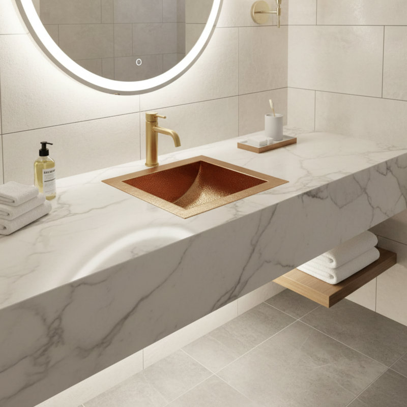 Lavabo de salle de bain carré en cuivre de 17 po Ambiente - Lavabo vasque martelé, lavabo de comptoir, lavabo en cuivre fabriqué à la main, lavabos de salle de bain haut de gamme, lavabo élégant