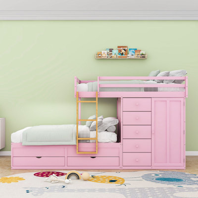 Lit superposé double en bois avec tiroirs de rangement et garde-robe