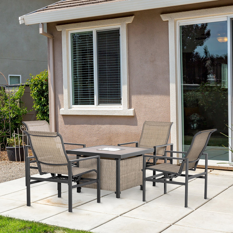 5 Piece Garden Patio Dining Set, Steel, Outdoor Conversation Set, Square Dinner Table