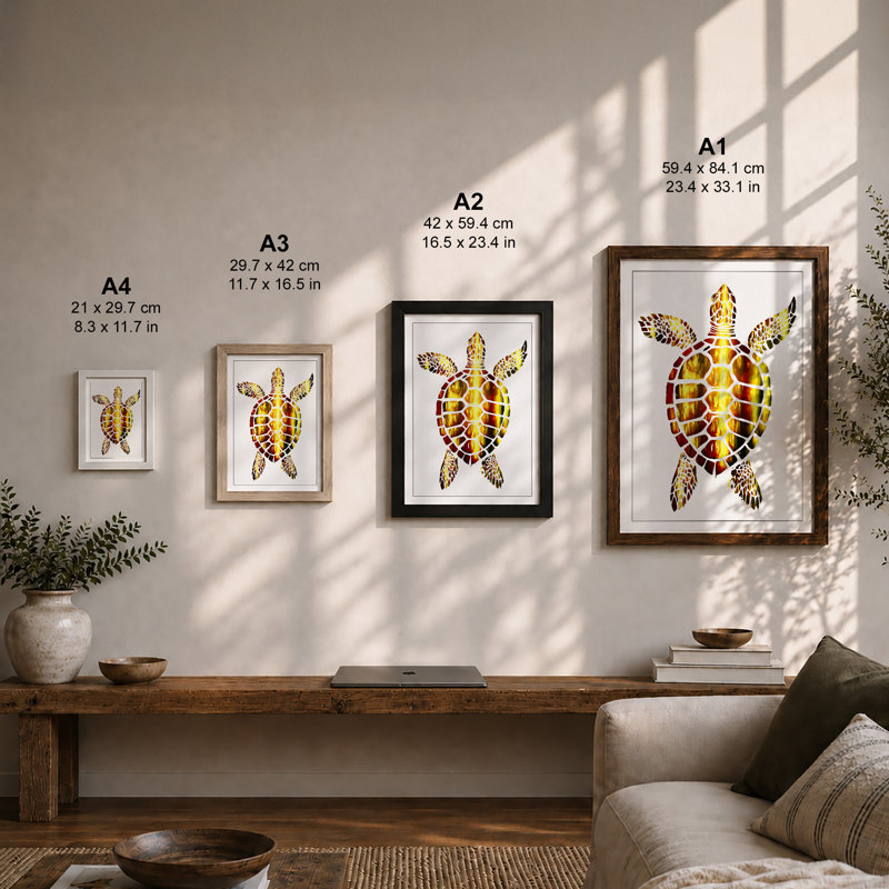 Turtle in Geometric Mosaic Botanical 1 Piece Single Picture Frame Wall Art, A4 - 29.7 x 21.0 cm, White