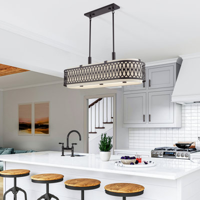 6 Light English Bronze Large Linear Chandelier With Hand Crafted Oatmeal Color Fabric Hardback Shade