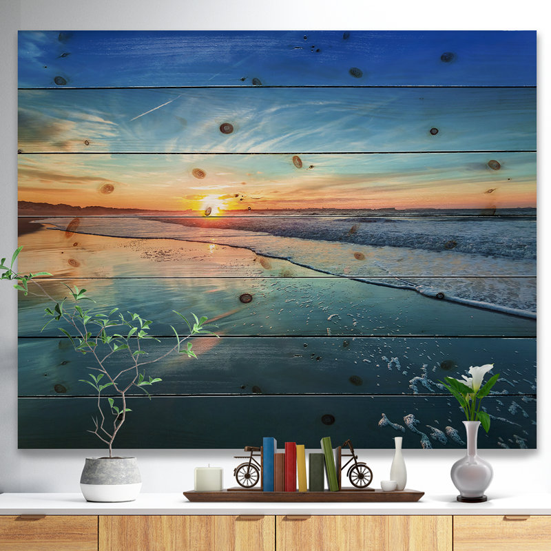 Paysage marin «Seashore with Distant Sunset», reproduction de photo, H 15 po x l 20 po, Bois, Ne s’applique pas